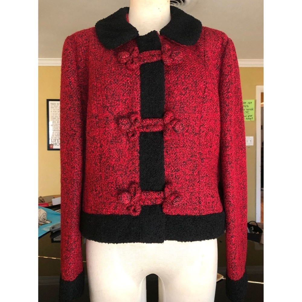 Vintage J. Peterman Red & Black Boucle Military Inspired Cropped Jacket 14